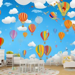 3d kids room wallpaper design with hot air balloons and birds on a sky background - generative ai