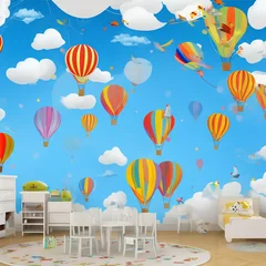 Wall murals Air balloon 3d kids room wallpaper design with hot air balloons and birds on a sky background - generative ai