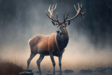 Deer in smoky forest. Illustration AI Generative