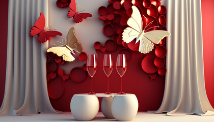 Wedding background with flowers and champagne in red colors. Generative AI.