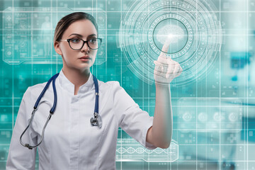 Woman doctor pointing hud futuristic interface. Brain examination concept