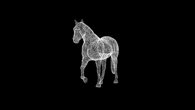 3D horse rotates on black bg. Object dissolved white flickering particles 60 FPS. Business advertising backdrop. Science concept. For title, text, presentation. 3D animation