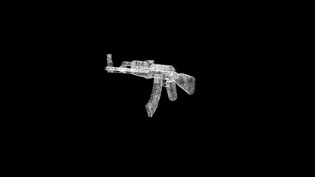 3D assault rifle AK47 rotates on black bg. Object dissolved white flickering particles 60 FPS. Business advertising backdrop. Science concept. For title, text, presentation. 3D animation