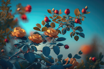 Rose flowers on blue background. Illustration AI Generative