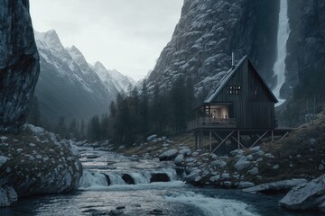 Foggy Nordic Sunrise: Cabin in the Mountain Landscape. Generative AI