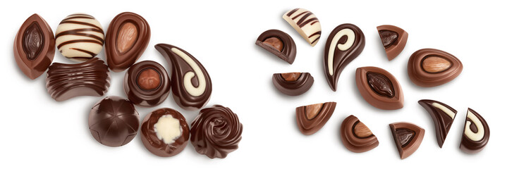 Chocolate candy isolated on white background with full depth of field. Top view. Flat lay.