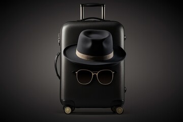 Black luggage bag, sunglasses and beach hat. Vacation and departure on a trip.