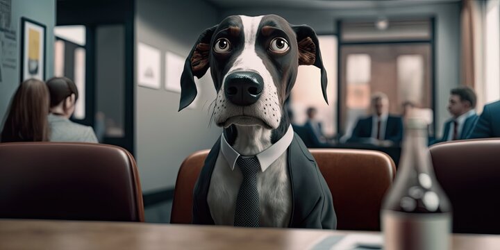 a dog in a suit and tie in a job interview