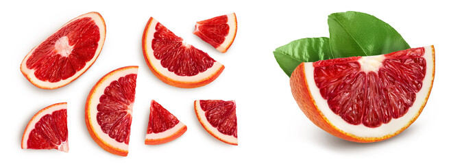 Blood red oranges slices isolated on white background. Top view. Flat lay - obrazy, fototapety, plakaty