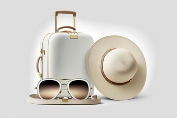 White luggage bag, sunglasses and beach hat. Vacation and departure on a trip.