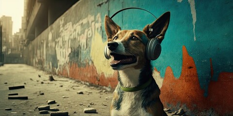 A Dog in the street in front of a colored wall with a headphone.
