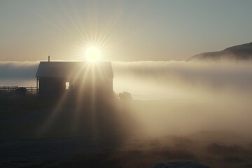 Foggy Nordic Sunrise: Cabin in the Mountain Landscape. Generative AI