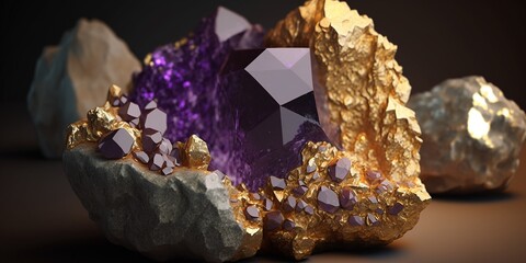 Schöner edler Amethyst Edelstein mit Gold, ai generativ