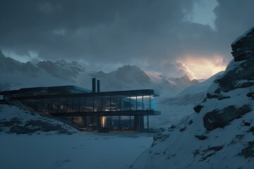 Foggy Nordic Sunrise: Cabin in the Mountain Landscape. Generative AI