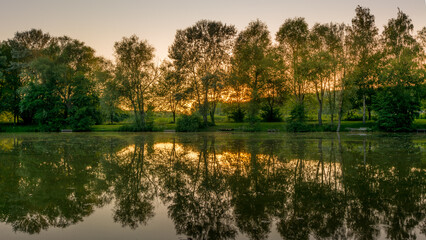 Reflet des arbres dans le lac au coucher du soleil. Paysage d'été.
