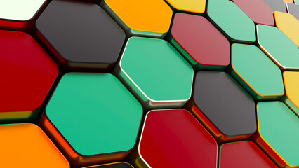 Multicolor Hexagons: A 3D Metallic Tiled Background in green, red, orange, yellow and black colors. 3d render illustration.