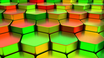 Multicolor Hexagons: A 3D Metallic Tiled Background in green, red and orange colors. 3d render illustration.