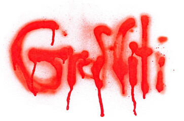Red spray stain word graffiti, painted graffiti isolated on white, clipping