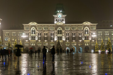 TRIESTE, ITALY - DECEMBER 26, 2022: Piazza Unita d'Italia at night in Trieste Italy, long exposure