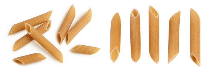 Wolegrain penne pasta from durum wheat isolated on white background with full depth of field. Top...