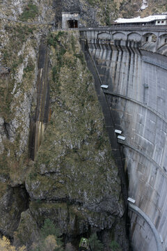 View of dam on artificial lake of Sauris (Lago di Sauris) in Friuli Venezia Giulia, Udine, Italy, Europe