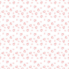 Minimalistic seamless pattern with hearts on a white background, endless texture. Funny Infantile romantic Print for fabric, paper, packaging, stationery. Vector layout with red hearts. Illustration 