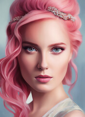 Naklejka premium Painting of a beautiful woman's face, Portrait of a beautiful woman, pink hair