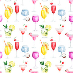 Cocktails watercolor seamless pattern. Alcoholic cocktails. Non-alcoholic cocktails. Milkshakes. Mojito. For printing on textiles, fabrics, wrapping paper, postcards, covers. For electronic media.