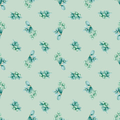 Seamless pattern with eucalyptus and berries. Watercolor botanical ornament for cards, packaging, wrapping, stationery, fabric, textile. Wedding, birthday, anniversary design..