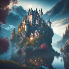 Fototapeta na wymiar A fairy tale castle in the mountains - generative ai