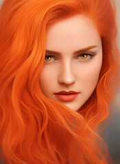 Painting of the face of a beautiful woman, Portrait of a beautiful woman, orange hair