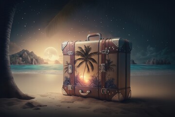 Treasure chest on night island beach. Sunset. Adventure and travel.