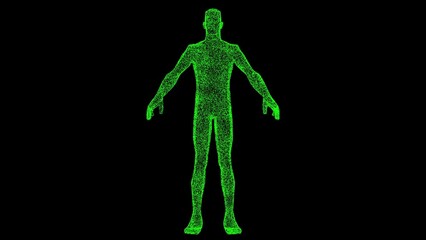 3D Frankenstein on black bg. Object dissolved green flickering particles. Business advertising backdrop. Science concept. For title, text, presentation. 3D animation.