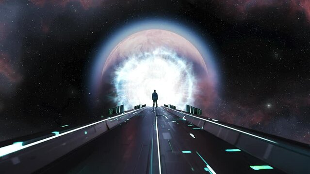 Dark abstract Sci Fi path with Outer Space and Planet in background. Man Standing with Glowing Light Rays and Portal. 3d Rendering Artwork