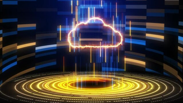 Internet Data Technology Digital Cloud Storage Background. Futuristic Network Technology Bg, Futuristic Hud Animation Background With Neon Cloud Storage Logo Animation. 
