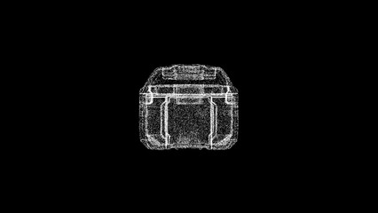 3D space case on black bg. Object dissolved white flickering particles. Business advertising backdrop. Science concept. For title, text, presentation. 3D animation.