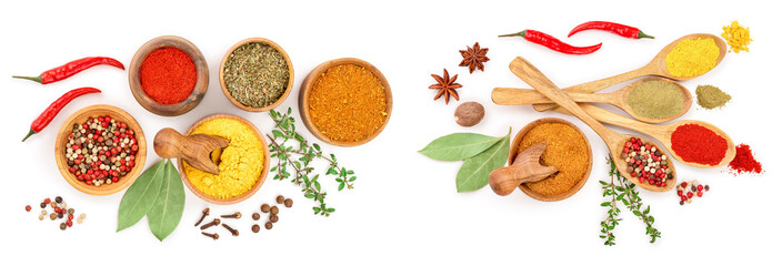 mix of spices in wooden bowl isolated on a white background. Top view. Flat lay. Set or collection