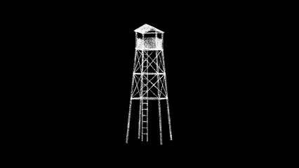 3D observation tower on black bg. Object dissolved white flickering particles. Business advertising backdrop. Science concept. For title, text, presentation. 3D animation.