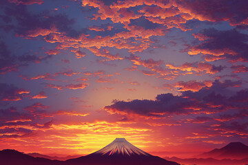 stunning Japanese landscape with mountains at sunrise made with Generative AI