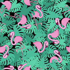 Fototapeta premium Pink flamingo and tropical leaves pattern seamless. water bird with pale pink plumage background. Ornament of kids fabric
