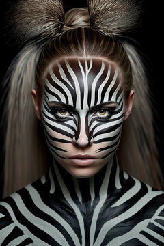 Beauty of the Beast: A Girl with Zebra-Striped Body paint, image created with ia
