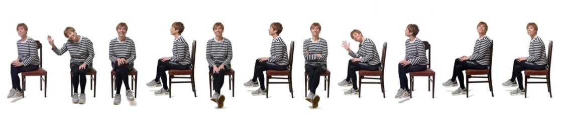 Obraz premium line of side view of a group of same woman sitting on chair on wnite background