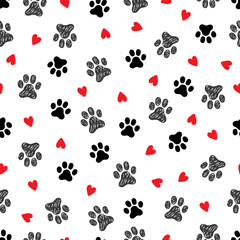 Pet footprint seamless pattern. Pet animal dog, cat footprint background with heart. Puppy valentine texture doodle wallpaper. Vector illustration