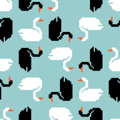 White swan pixel art pattern seamless. 8 bit pixelated texture © maryvalery