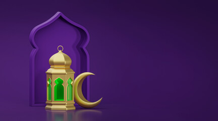 Ramadan Kareem. Ramadhan or Eid Mubarak greeting background. Golden Moon and lantern 3d render