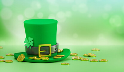 Saint Patrick's day green leprechaun hat with golden coins on green bokeh background. 3d render illustration. St patrick day background
