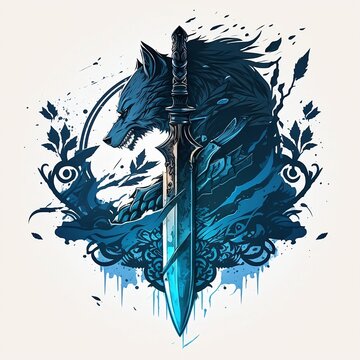 Blue wolf logo with dagger, Generative AI