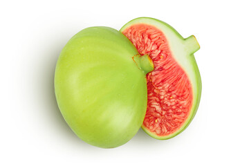 Ripe green fig fruit isolated on white background with full depth of field. Top view. Flat lay.