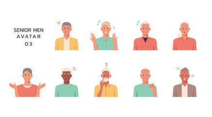 People portraits of older men with negative emotion isolated set, senior male faces avatars, vector flat illustration	
