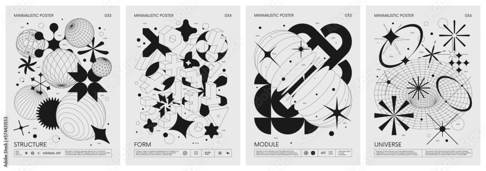 Aufkleber futuristic retro vector minimalistic posters with strange wireframes graphic assets of geometrical s
